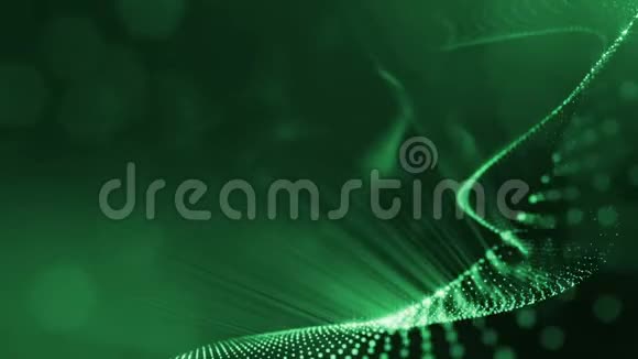 具有景深的虚拟空间带粒子的循环全息背景形成线面网格绿色的绿色12视频的预览图