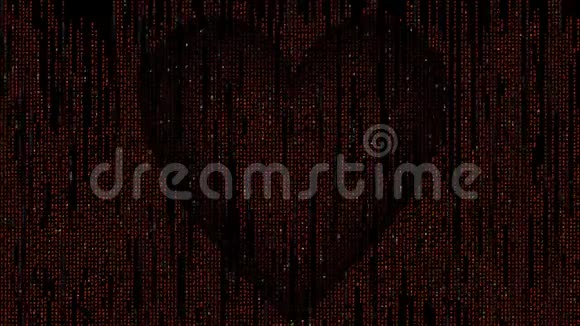 矩阵码心组成的发光字符闪烁和闪烁在黑色背景不寻常的爱情象征视频的预览图