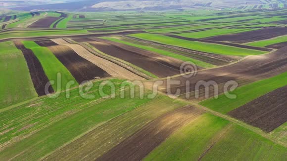 空中无人驾驶飞机查看为春季种植而耕作和准备的农田视频的预览图
