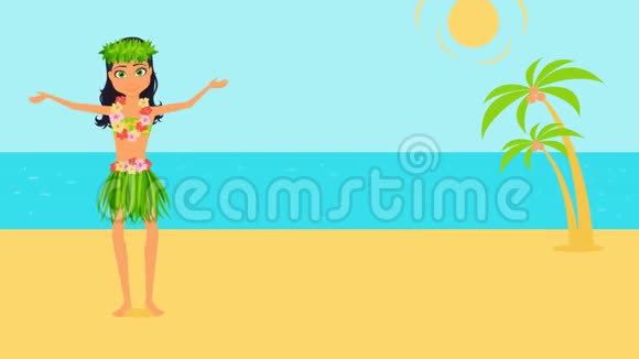 穿着民族服装的女孩角色在热带海滩上跳舞动画卡通女子平面插图视频的预览图
