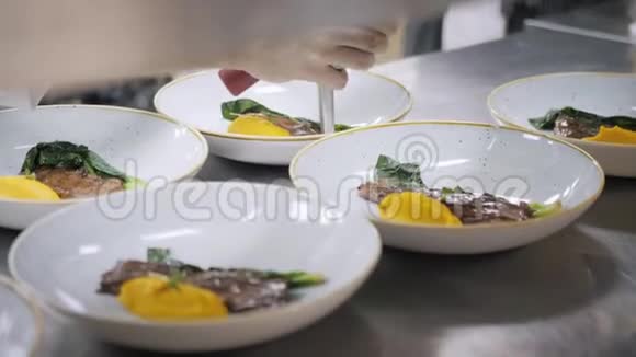 盘子的特写集团厨师在精致餐厅的商业厨房忙碌餐厅的员工视频的预览图