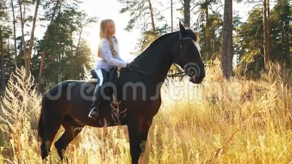 一位美丽自然的年轻姑娘在户外骑着马视频的预览图