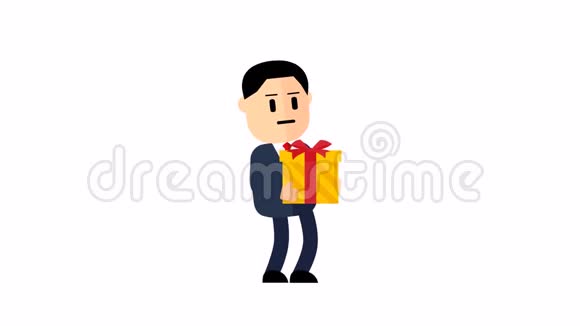 一个穿着西装的卡通人物在盒子里打开礼物惊喜礼品盒录像动画动画视频的预览图