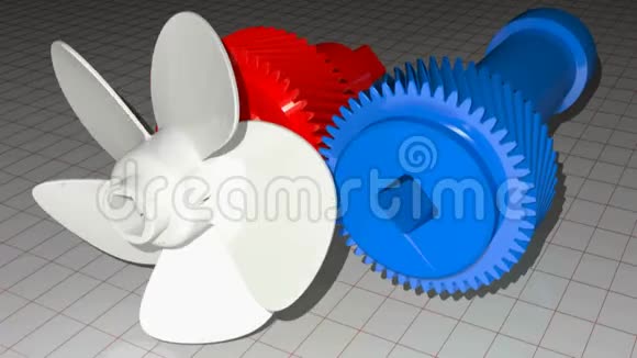 带齿斜齿轮的蓝轴为一个移动白色螺旋桨的红轴提供动力3D渲染视频视频的预览图