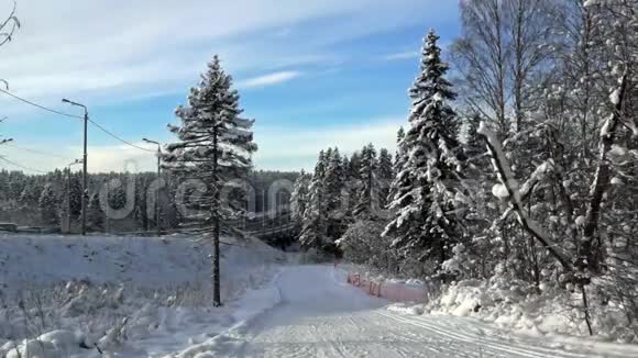 靠近森林的汽车道和冬季滑雪道视频的预览图