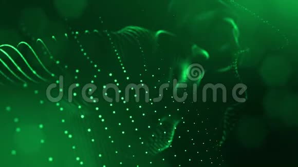 具有景深的虚拟空间带粒子的循环全息背景形成线面网格绿色的绿色21视频的预览图