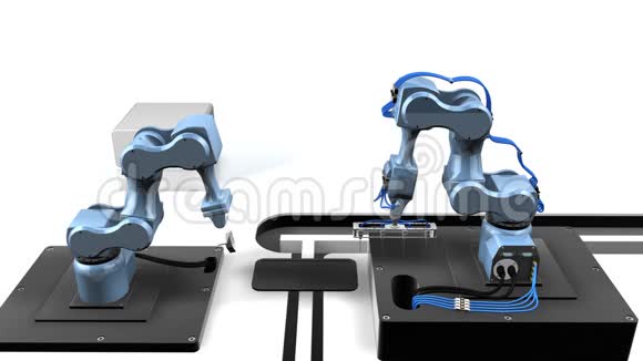一个自动化实验室的3D动画用两个机械臂从白色背景的试管托盘中取出样品视频的预览图