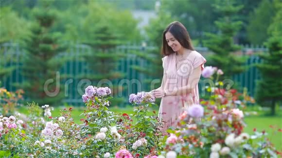 美丽的玫瑰花丛中花园里的小女孩玫瑰的气味视频的预览图