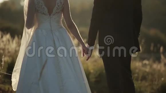 年轻的新娘新郎在日落时分牵手视频的预览图