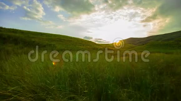 日落时的绿色草甸视频的预览图
