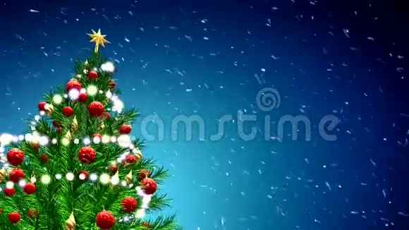 蓝色背景下绿色圣诞树的三维插图雪花和红球视频的预览图