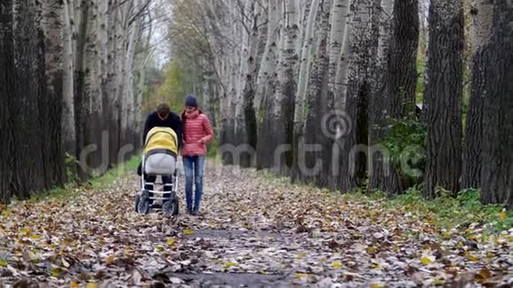 妈妈和爸爸正带着一个新生婴儿在树林里散步视频的预览图