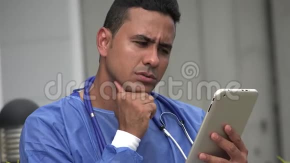 西班牙男性外科医生用平板电脑思考视频的预览图