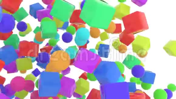 五颜六色的弹跳形状球体和盒子漂浮或飞行视频的预览图