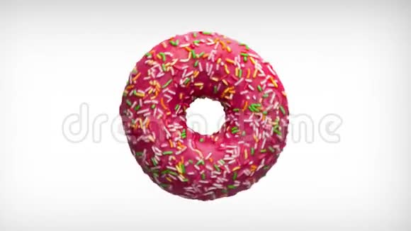 抽象旋转动画美味甜甜圈与彩色洒在白色背景顶部视图视频的预览图