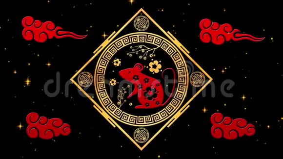 红色中国新年背景与黄金老鼠烟花3D渲染循环4k神奇的新年快乐动画视频的预览图