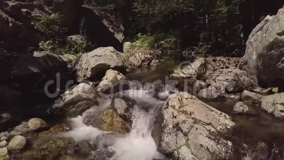 4k空中的石质水流穿过绿色的夏季山林视频的预览图