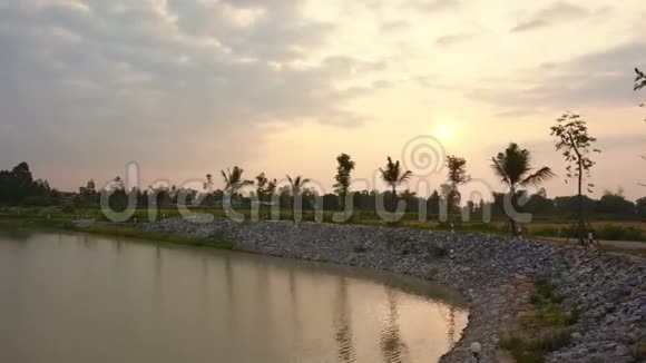 湖中日出人用稻田和棕榈树做蓄水池视频的预览图