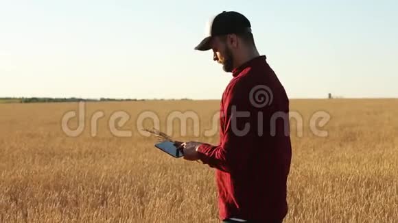 在农业中使用现代技术的智能农业农民手里拿着数码触摸式平板电脑视频的预览图
