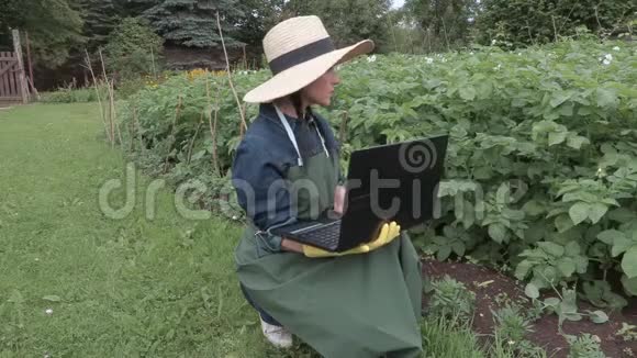 女园丁用笔记本电脑在土豆厂附近视频的预览图