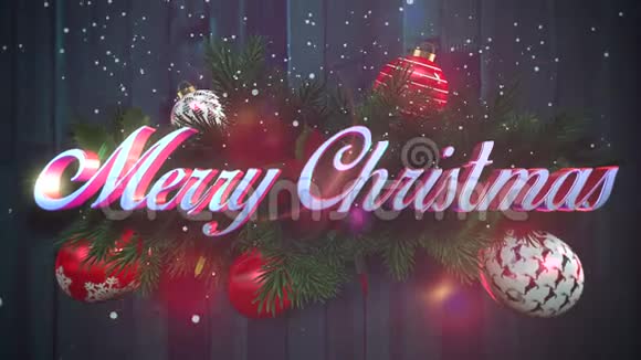 动画特写圣诞快乐文字白色雪花木质背景上绿色圣诞树枝视频的预览图