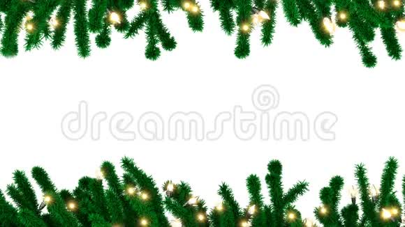 用白色背景上的花冠灯泡装饰的圣诞树树枝视频的预览图