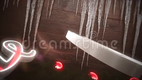 动画特写新年快乐文字红球和木底冰柱视频的预览图
