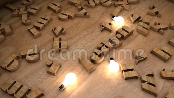 从木立方体中学习单词用灯泡在桌子上学习木头字母文字串视频的预览图