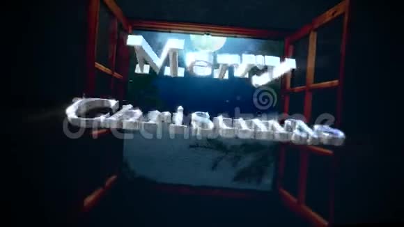开放的窗户远离群山和月亮的动画特写圣诞快乐视频的预览图