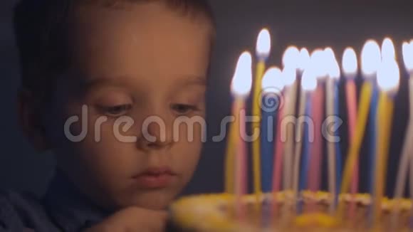 一个小男孩许愿然后在生日蛋糕上吹蜡烛视频的预览图