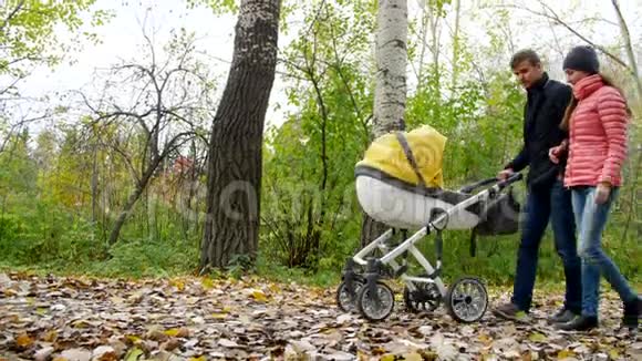 爸爸妈妈带着一个新生婴儿在树林里散步视频的预览图