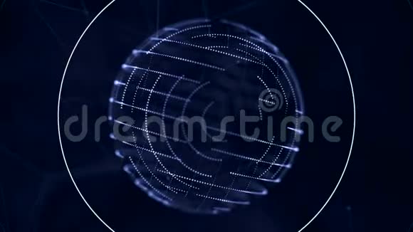 数字透明的蓝色球体表面有小的移动点在深蓝色上旋转nad接收信号视频的预览图