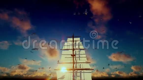 老海盗船驶去美丽的日落与海鸥飞翔倾斜声音包括在内视频的预览图