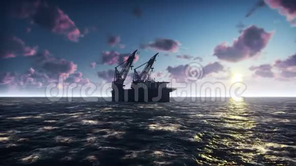 日出时在海上钻探石油海洋平台真实的电影动画视频的预览图