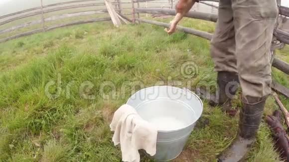 坐在靴子里的农夫在一个站在绿草上的桶里洗手视频的预览图