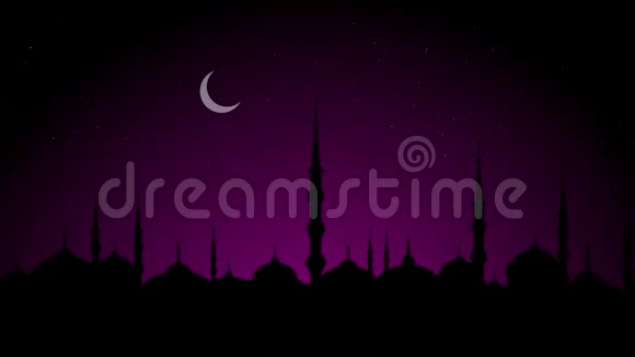 夜晚新月清真寺轮廓的无缝环形运动伊斯兰节日背景动画视频的预览图
