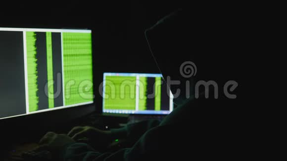 电脑显示器后面的人网络成瘾反映黑客犯罪眼镜浏览深夜代码网络视频的预览图