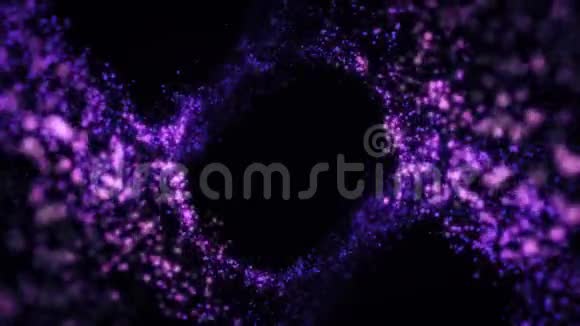 抽象的紫色闪光的粒子漩涡形成大圆太空星尘飞舞形成黑色的圆环视频的预览图