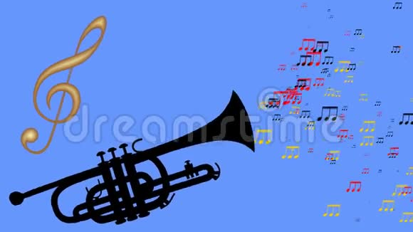 管和金色小提琴钥匙多彩动人的音符蓝色背景上的小号动画黑色管视频的预览图