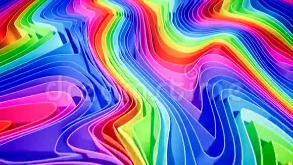 3D动画一排排五颜六色的条纹在彩虹中的圆形队形荡漾视频的预览图