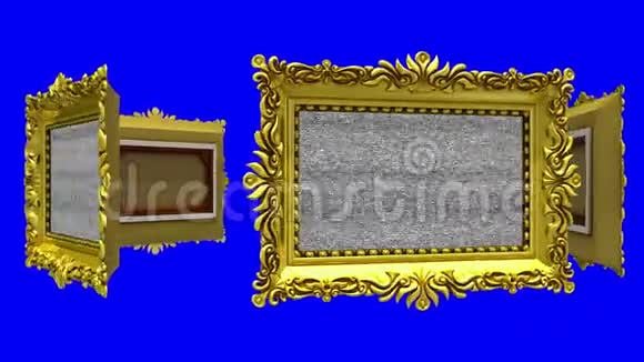 羽状金色相框在蓝色背景上旋转一圈色度键无缝环带有电视噪声的三维动画视频的预览图