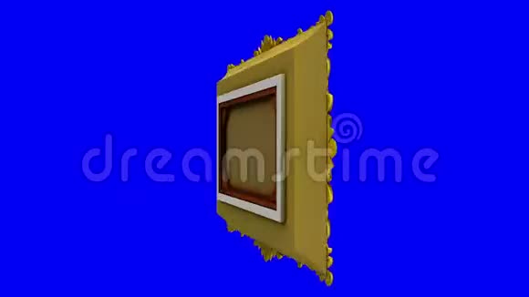 快速旋转金色相框上蓝色背景色度键带有电视噪音和绿色屏幕的3D动画视频的预览图