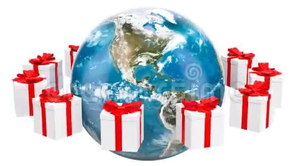 地球环球带着礼物旋转全球圣诞节和新年的概念3D绘制视频的预览图
