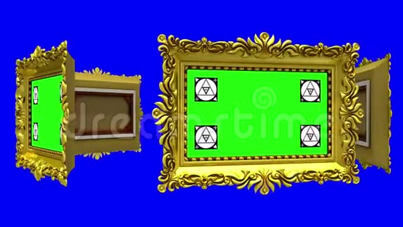 羽状金色相框在蓝色背景上旋转一圈色度键无缝环三维动画与运动视频的预览图
