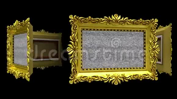 华丽的金色相框在黑色背景上旋转成一个圆圈带电视噪声和绿色的三维动画视频的预览图