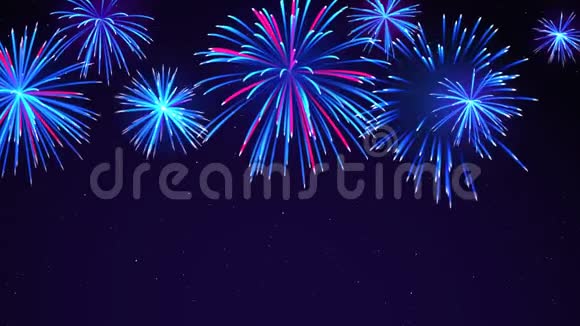 明亮的烟花在夜空中星星美丽的节日天空深蓝色背景上五颜六色的烟花动画视频的预览图