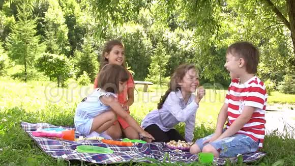 一群快乐的孩子在夏季公园户外玩耍慢动作视频的预览图
