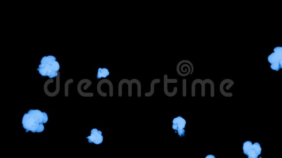 蓝色发光墨水溶解在水上的黑色背景与卢马哑光计算机仿真的三维渲染荧光荧光荧光荧光视频的预览图