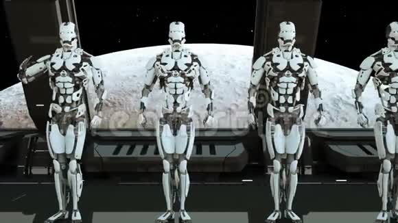 机器人士兵在宇宙飞船上对着月亮敬礼不明飞行物的未来概念循环背景视频的预览图
