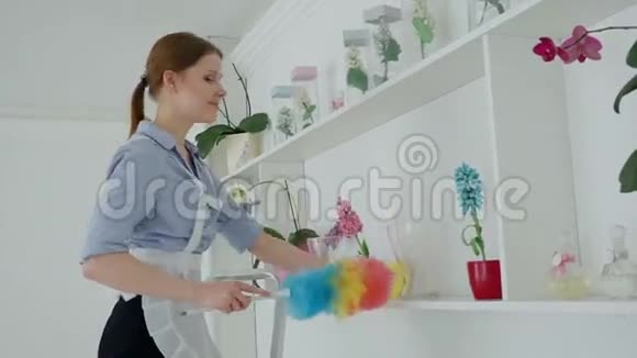 带着清洁工的女人从酒店的架子上清理灰尘视频的预览图